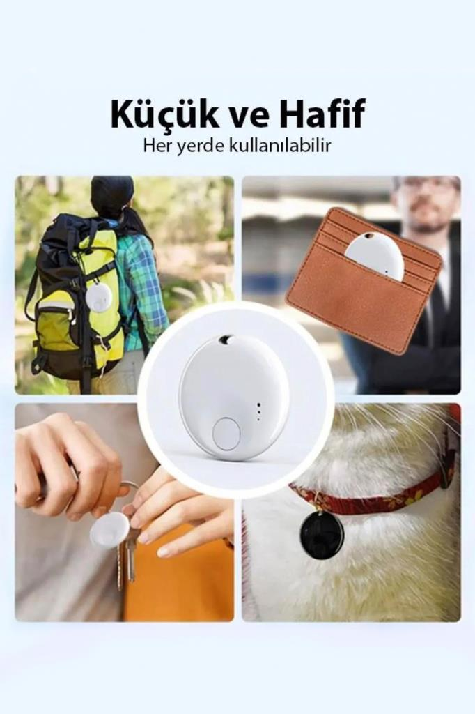 Sırt çantası, cüzdan, anahtar ve kedi üzerinde takip cihazı gösteren kolaj.