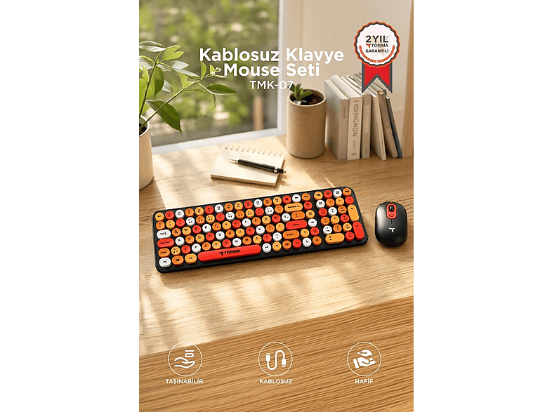 TORIMA TMK07 Q Retro Daktilo Görünümlü Kablosuz Klavye ve Mouse Seti Çok Renkli