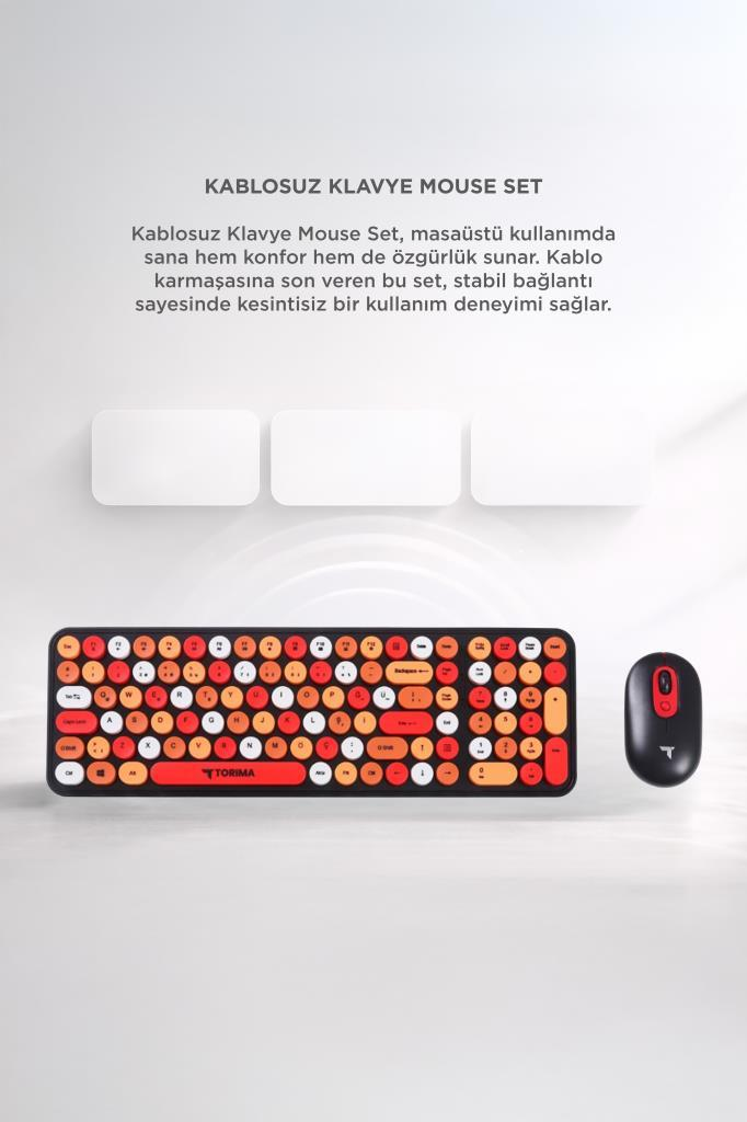 Kırmızı ve turuncu tonlarında yuvarlak tuşlara sahip siyah klavye ve fare.