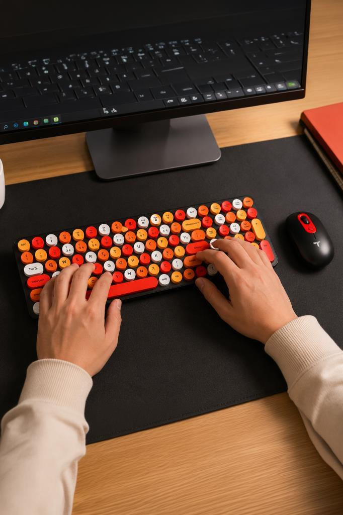 Renkli retro klavyede bilgisayar faresi ve monitör yanında parmaklar.