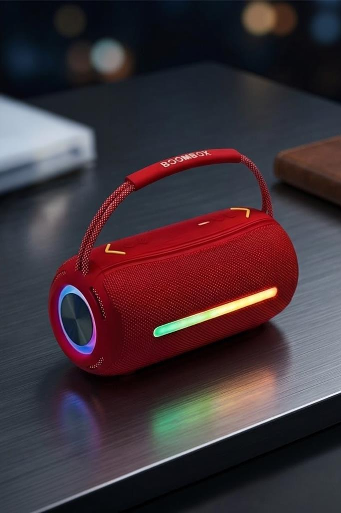 Masa üzerinde LED aydınlatmalı ve kulplu kırmızı boombox.