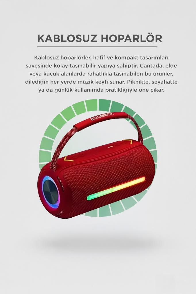 Kırmızı, taşınabilir Bluetooth hoparlör, saplı ve renkli ışıklı.