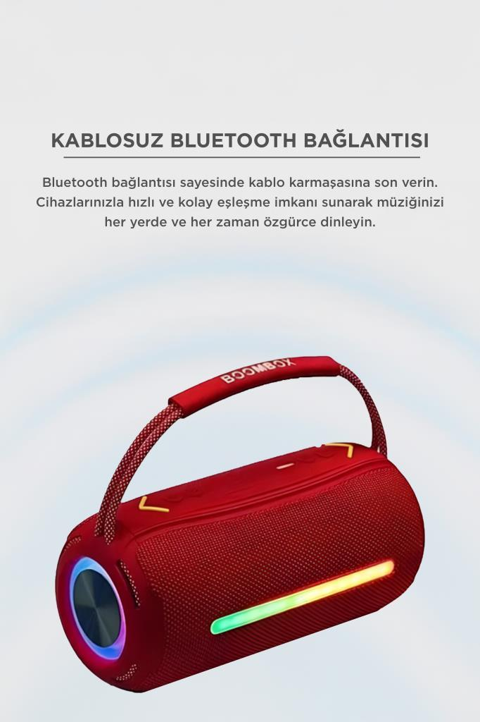Bluetooth, kulplu ve renkli ışıklı kırmızı Boombox hoparlör.