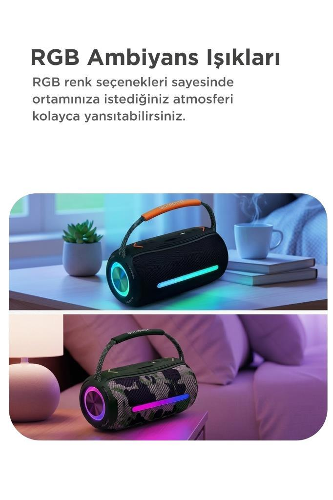 RGB aydınlatmalı iki taşınabilir hoparlör masaların üzerinde.