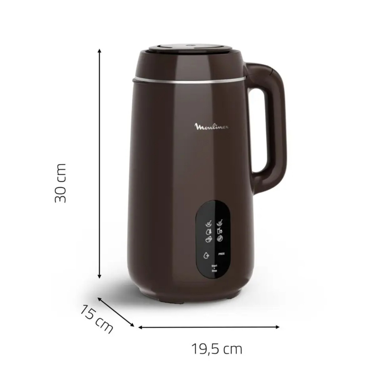Un frullatore Moulinex marrone di 30cm A, 19,5cm L, 15cm P.