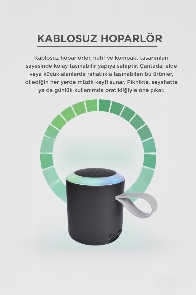 Siyah, kablosuz hoparlör, saplı ve renkli ışıklı, yeşil dairesel grafik önünde.