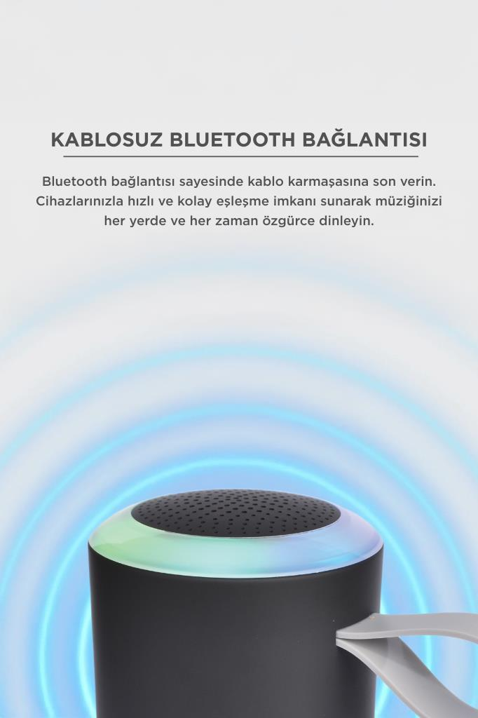 Renkli LED halka ışıklı ve yayılan dalgalı siyah Bluetooth hoparlör.