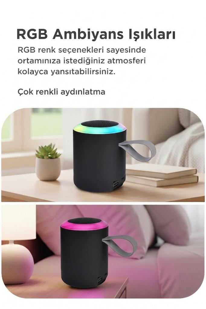 Siyah hoparlör, RGB aydinlatmali, komodin üzerinde.