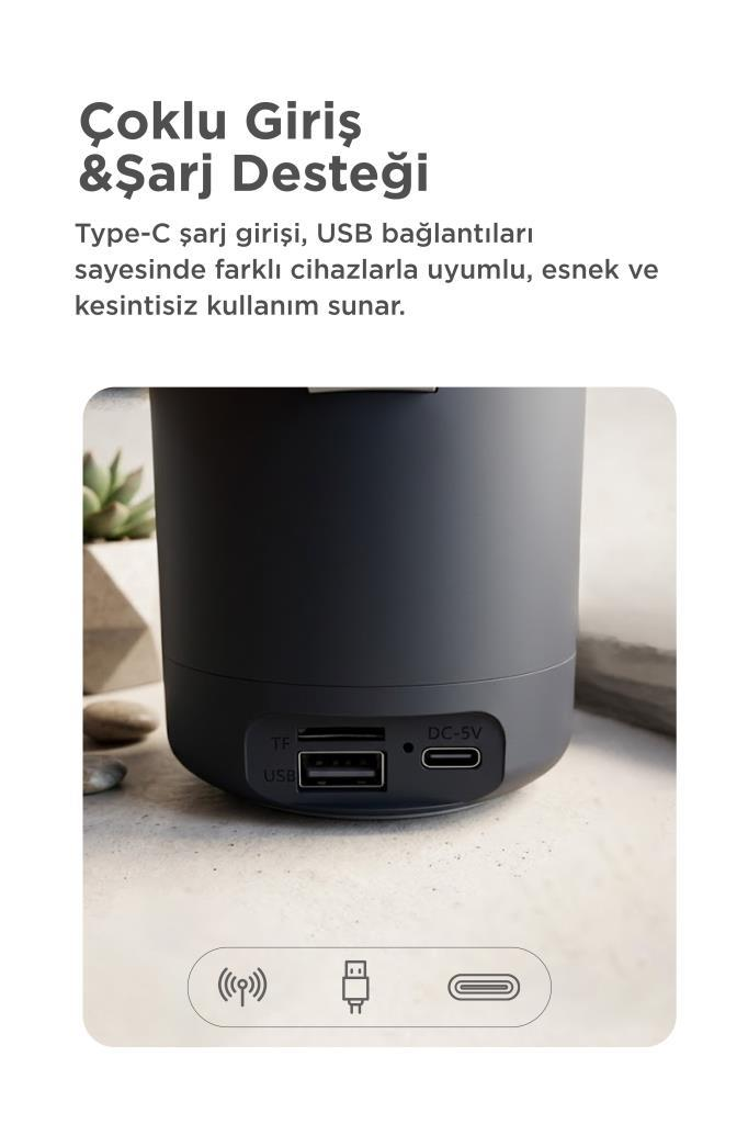 Gri silindir, bağlantı noktaları: USB, TF ve DC-5V.