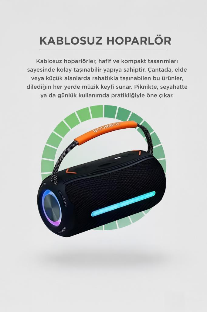 Turuncu sapa ve mavi ışıklara sahip siyah kablosuz hoparlör.