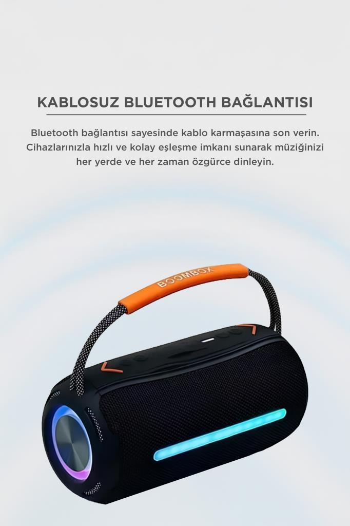 Turuncu saplı ve mavi ışıklı siyah Bluetooth hoparlör.