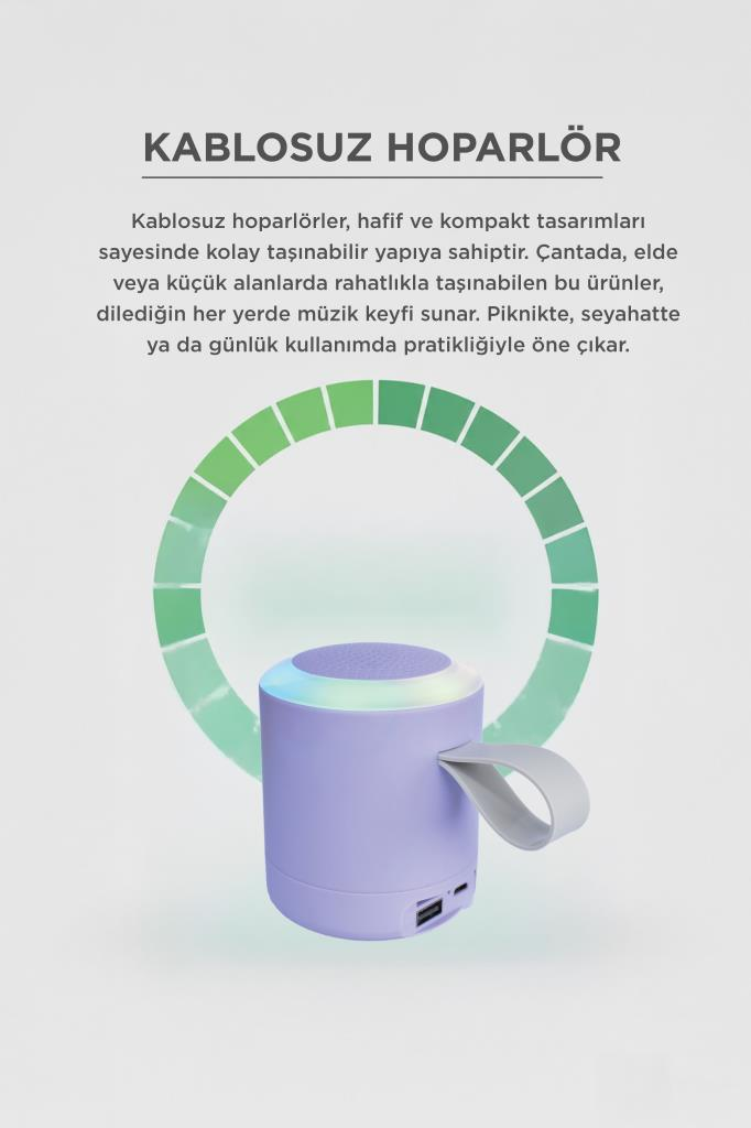 Arkada yeşil dairesel grafikli mor bir Bluetooth hoparlör.