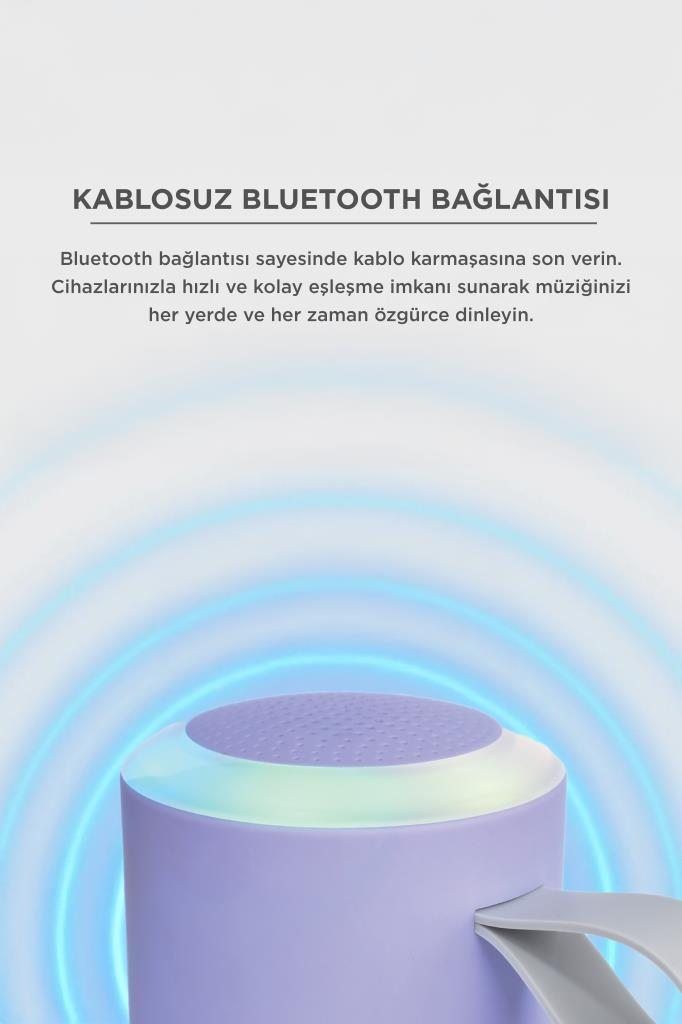 Işıklı ve ses dalgalı, açık mor Bluetooth hoparlör.