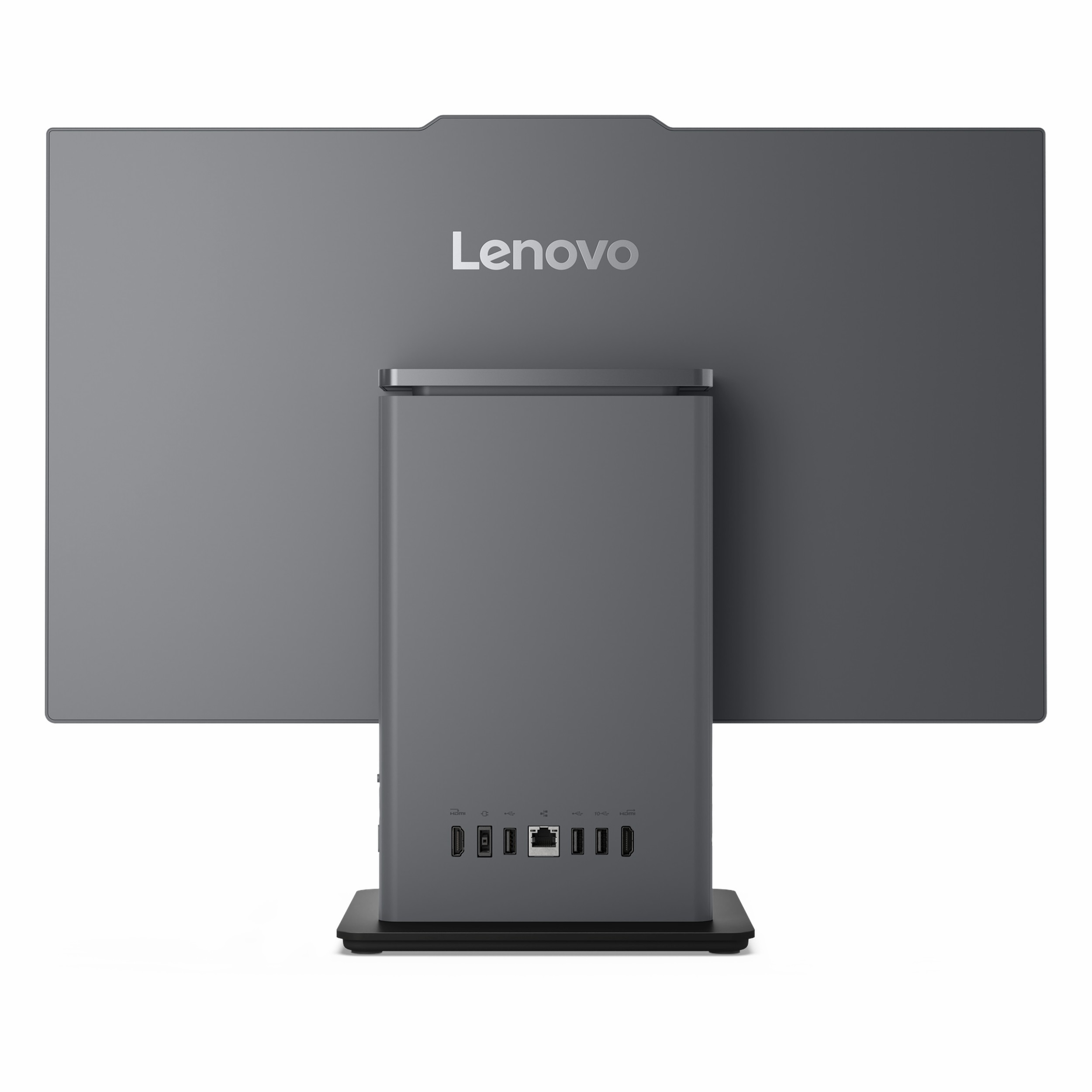 Arkada bağlantı noktalarına sahip gri Lenovo hepsi bir arada bilgisayar.