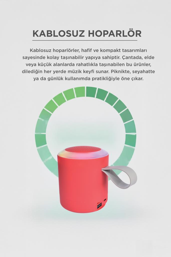 Renkli ışık halkası ve yeşil dairesel grafikli kırmızı kablosuz hoparlör.