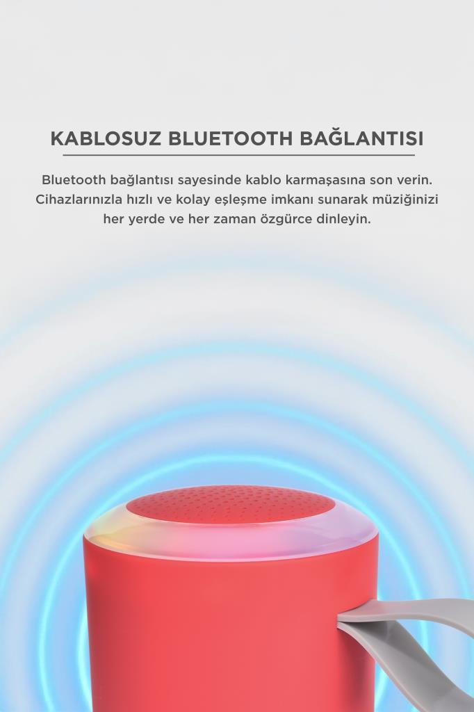 Mavi ses dalgası çizgili kırmızı Bluetooth hoparlör.