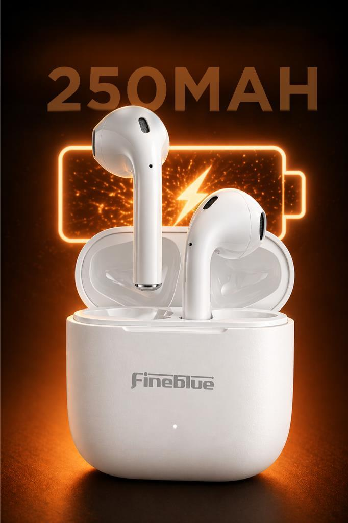 Şarj kutusunda beyaz kablosuz kulaklık, "250MAH" yazısı ve pil simgesi bulunur.