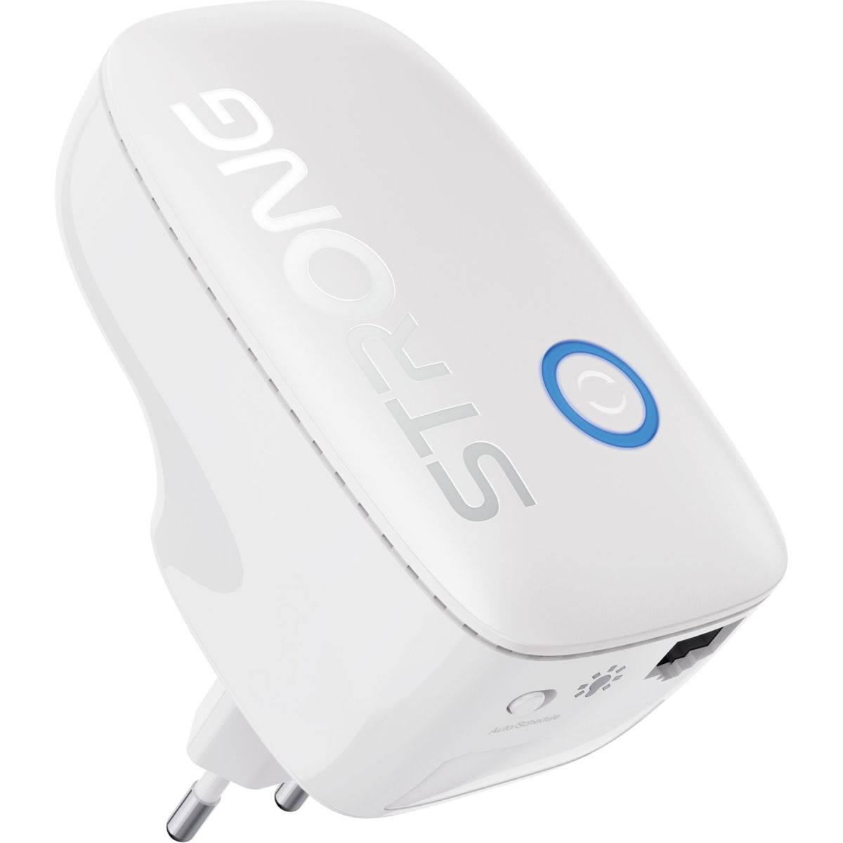 Weißer STRONG WLAN-Repeater mit blauem Power-Button und Ethernet-Anschluss.