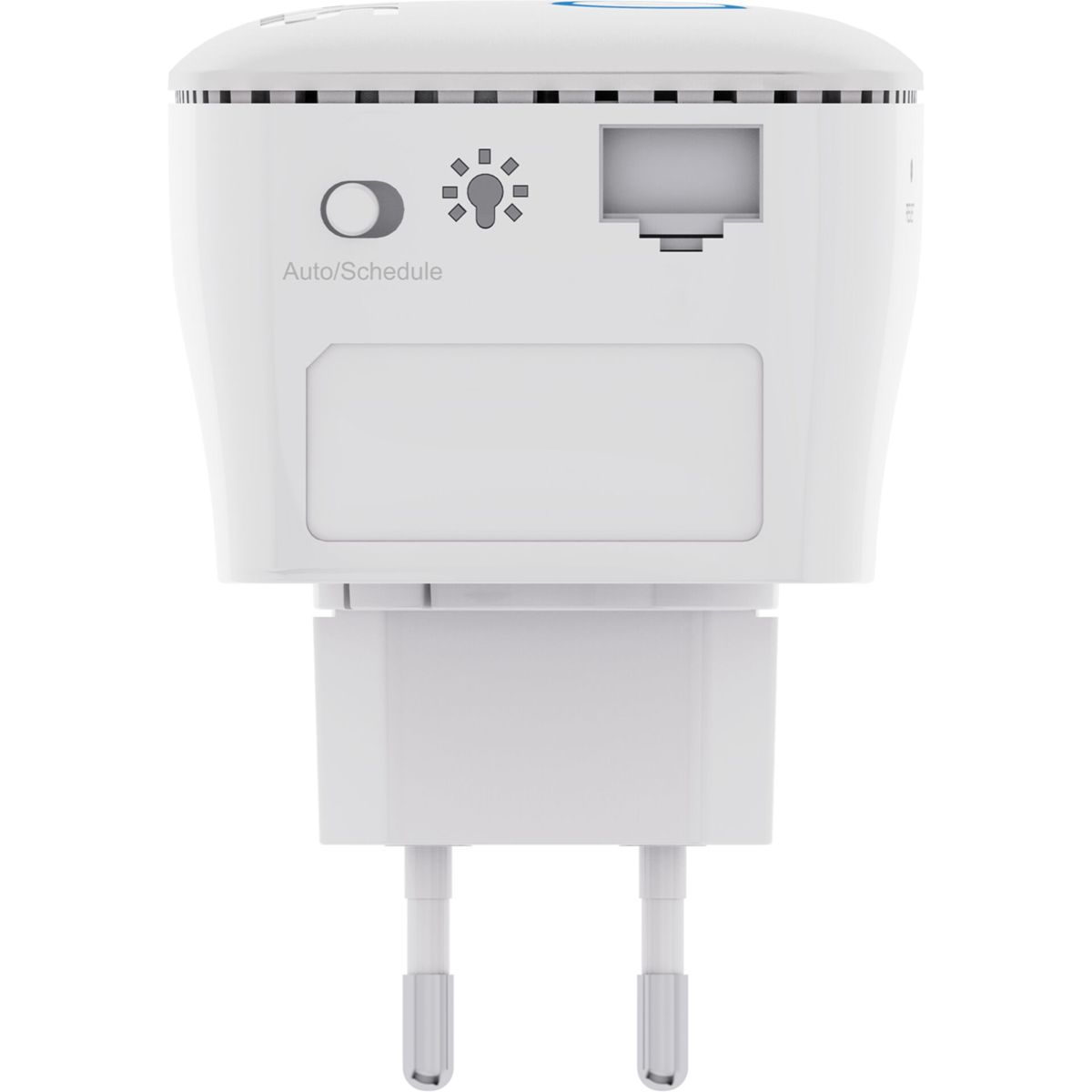 Ein weier Steckeradapter mit Bedienelementen und ein Fenster.