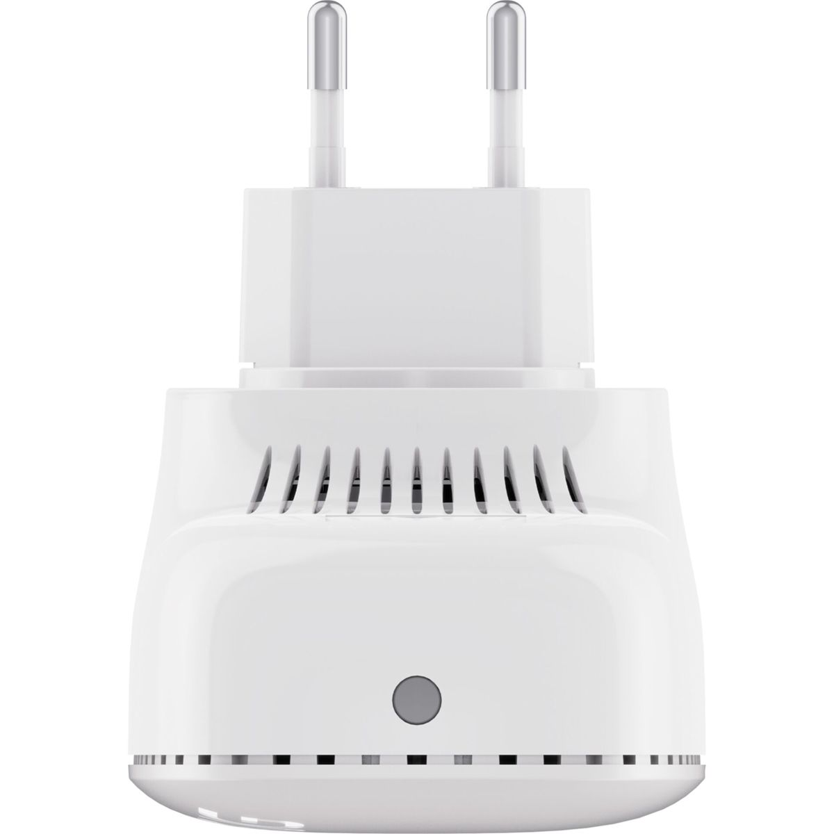 Weißer Netzadapter mit zwei Metallstiften und Lüftungsschlitzen.
