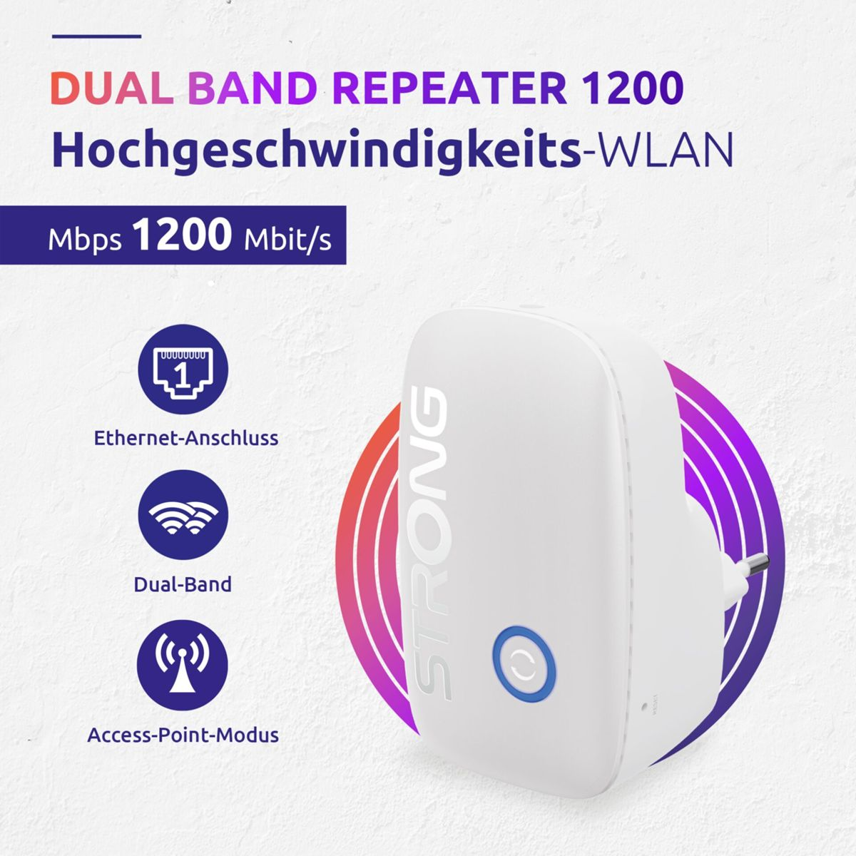 Ein weißer Dual-Band WLAN-Repeater von STRONG mit Ethernet-Anschluss und 1200 Mbit/s.