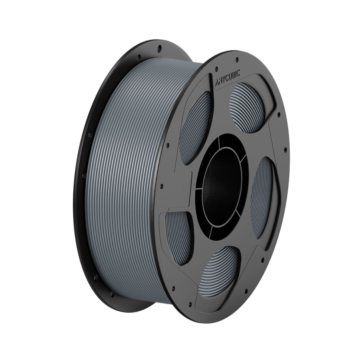 Beyaz arka plan üzerinde gri 3D yazıcı filament makarası.