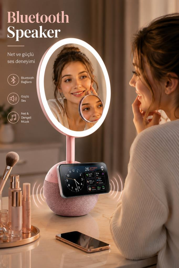Ayna ve saatli pembe Bluetooth hoparlör, yanında bir kadın ve kozmetik ürünleri.