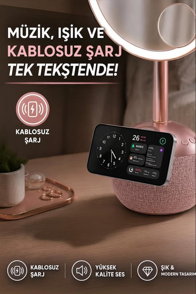 Aydınlatmalı aynalı ve dokunmatik ekranlı, rose gold renkli hoparlör.