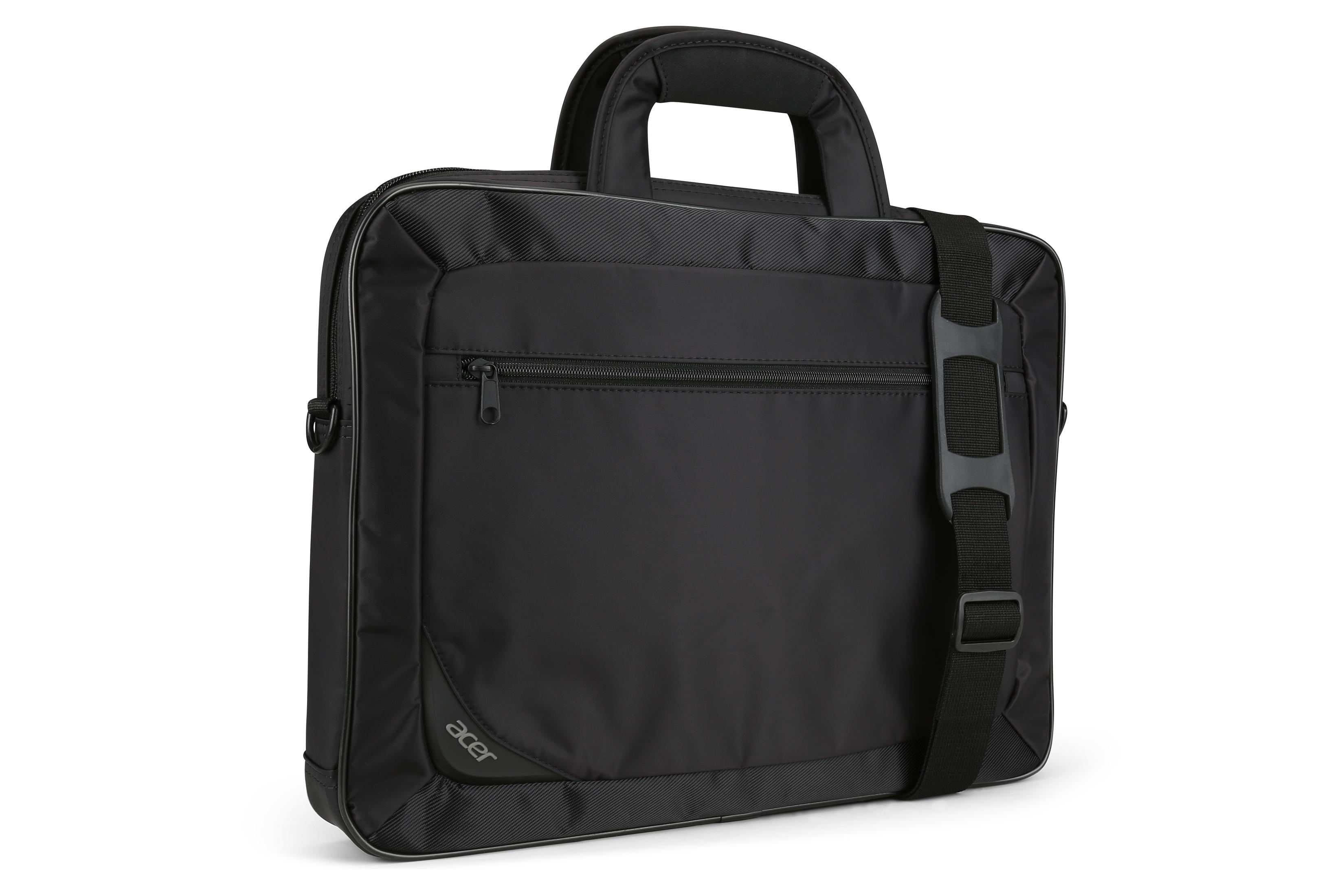 Schwarze Laptoptasche mit Tragegriff und Schultergurt, Acer-Logo.