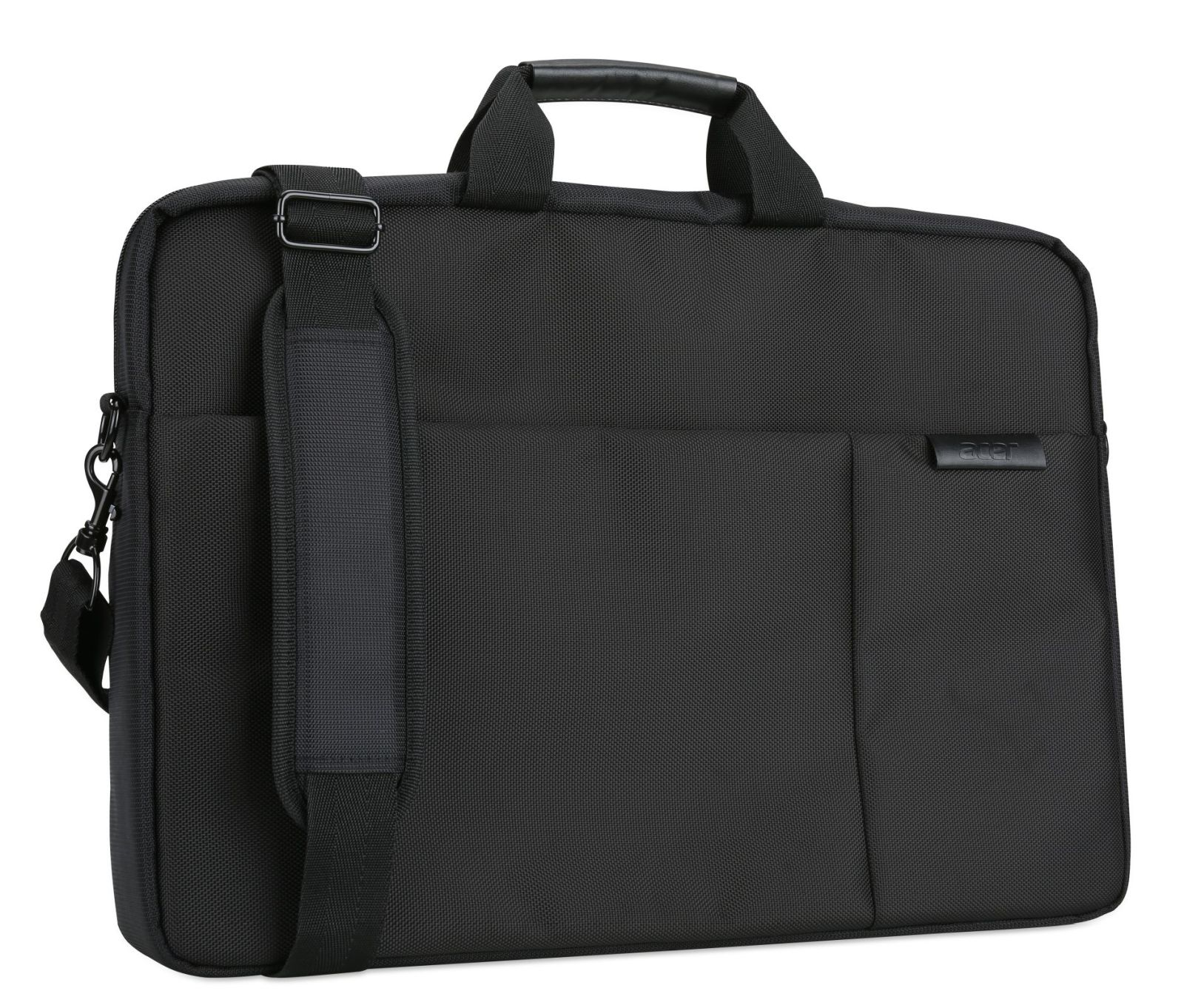Schwarze Laptoptasche mit Tragegriff und Schultergurt.