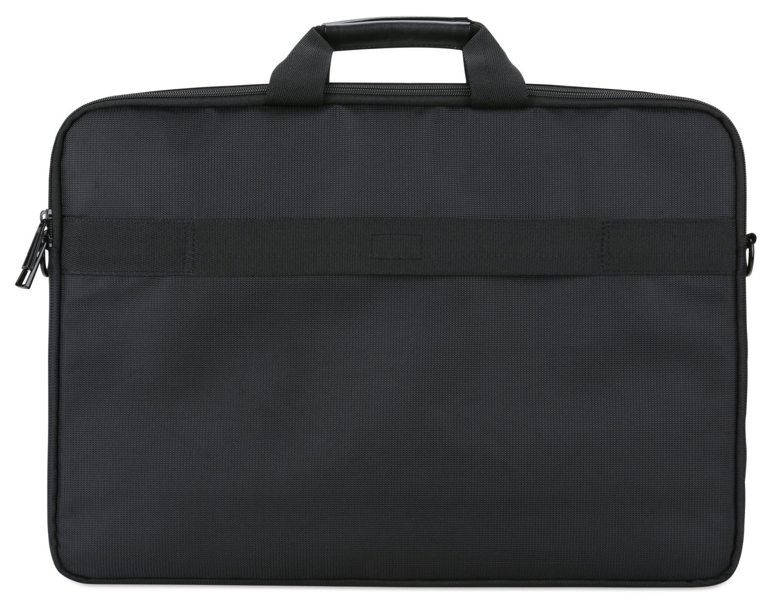 Schwarze Laptoptasche mit Griffen und Reißverschlüssen.