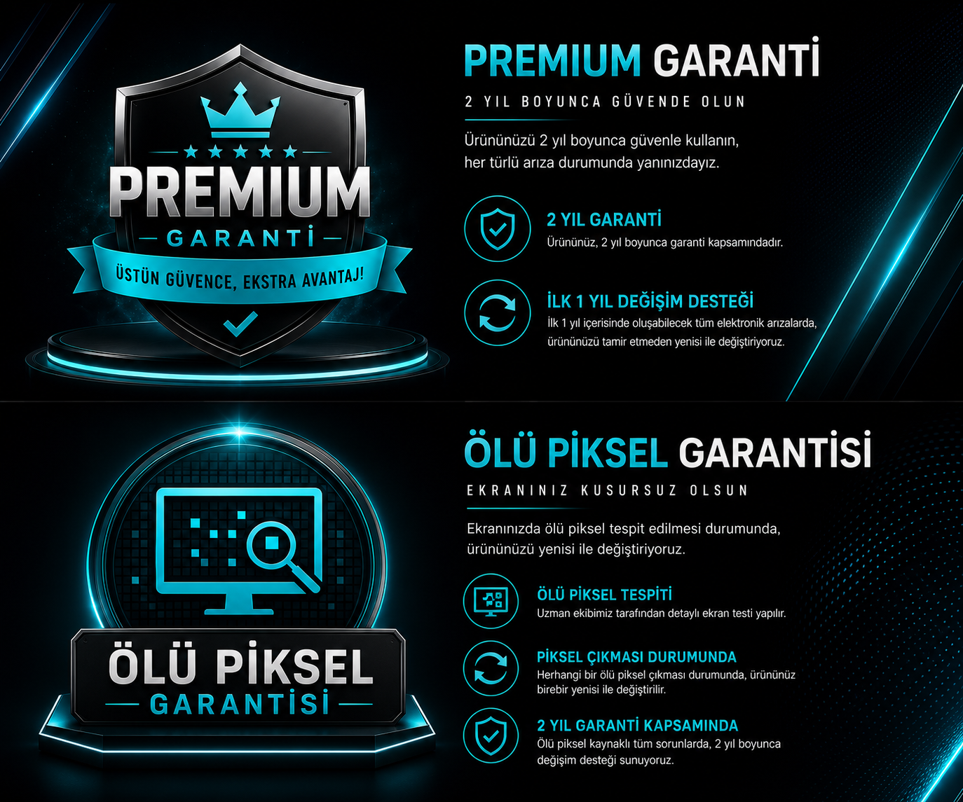 Görsel, "Premium Garanti" ve "Ölü Piksel Garantisi" olmak üzere iki garanti sunar.