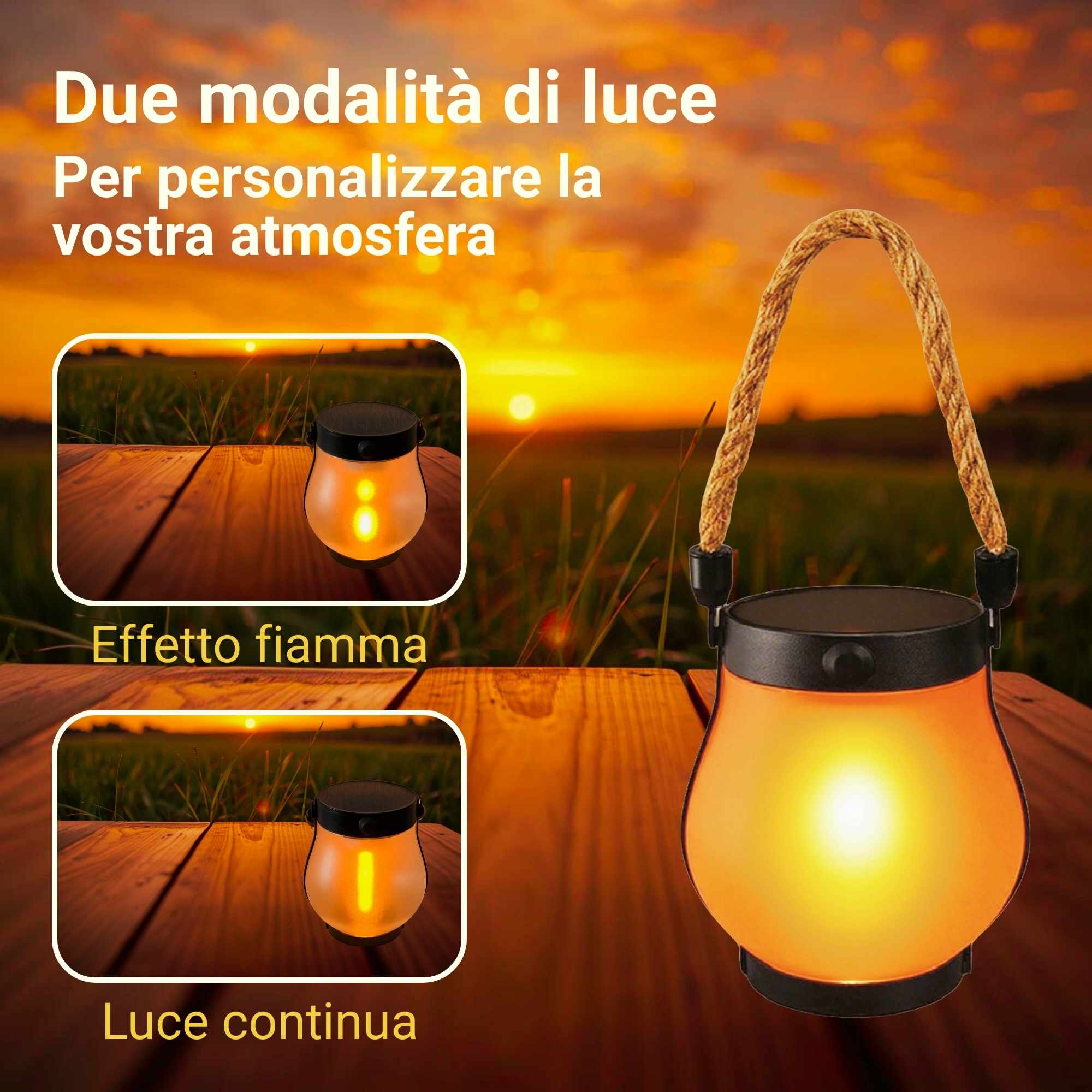 Una lanterna con modalità fiamma o luce continua al tramonto.