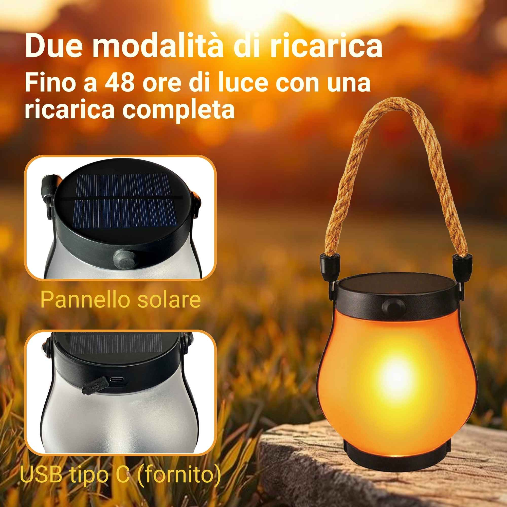 Una lanterna luminosa con pannello solare e porta USB-C all'aperto.