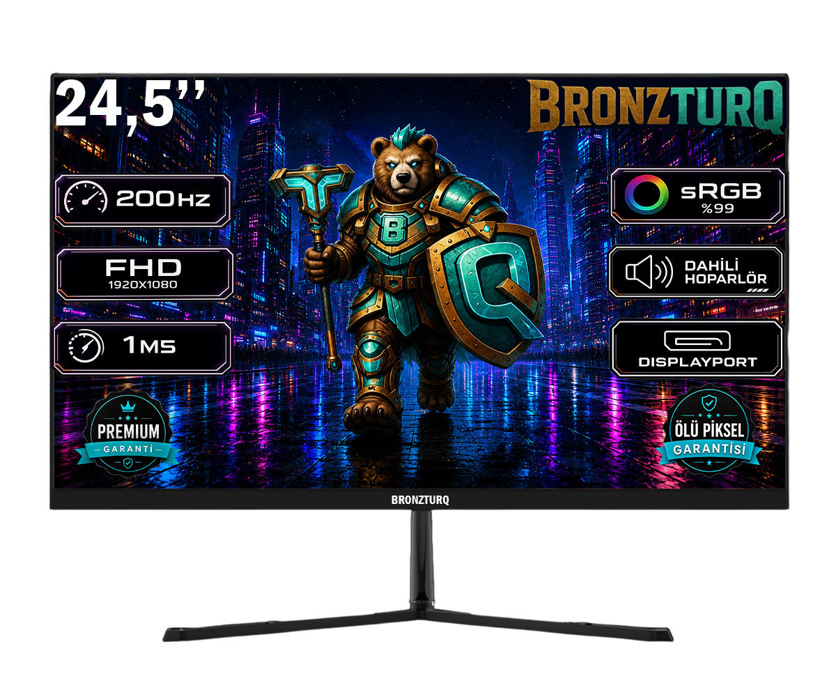 Balta ve kalkan tutan ayı savaşçı temalı 24,5 inç gaming monitör. Özellikler: 200Hz, FHD, 1ms.