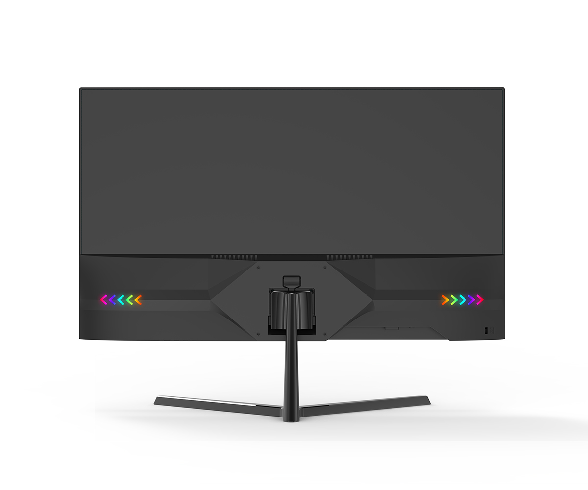 RGB oklar ve üç ayaklı stantlı siyah monitörün arkası.