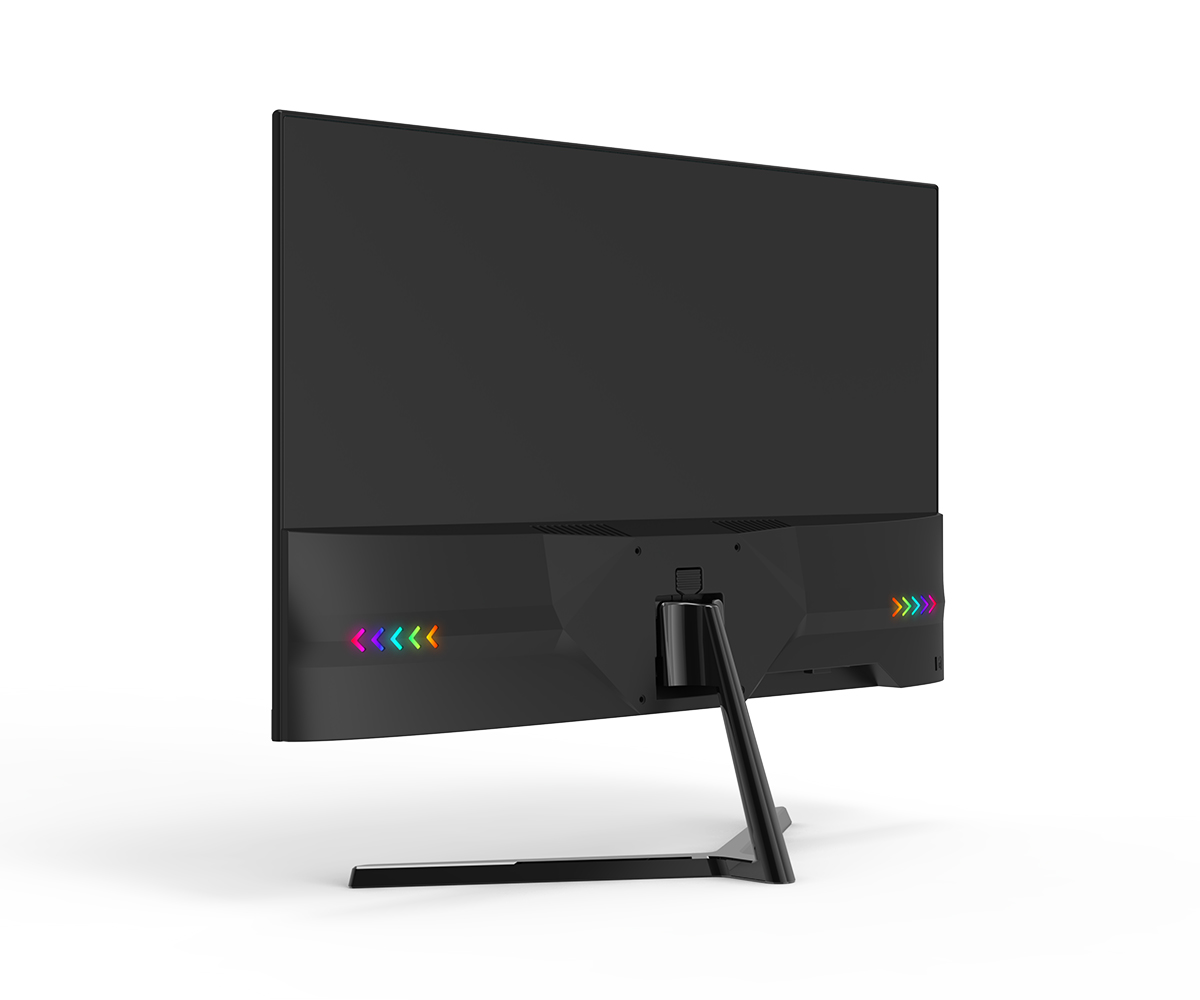 Altta RGB ok ışıklı siyah monitör.