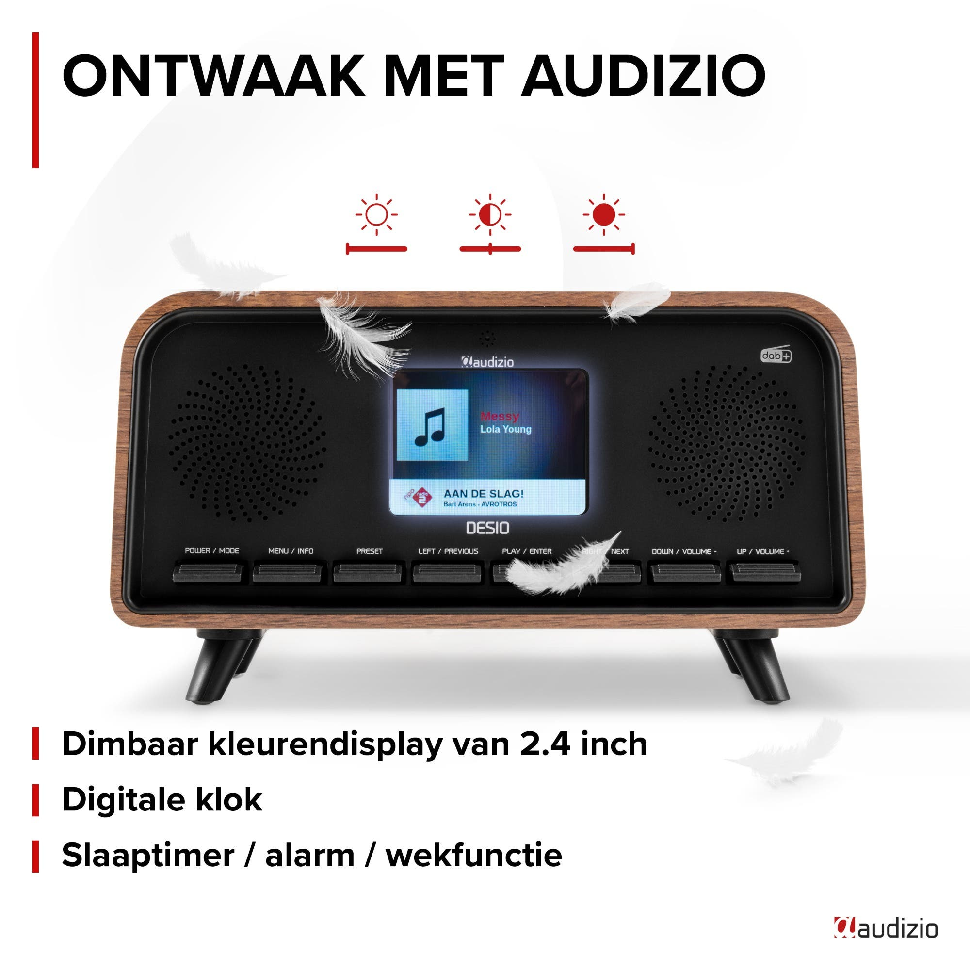 Audizio DAB+ Radio mit farbigem Display, Tasten und Lautsprechern.