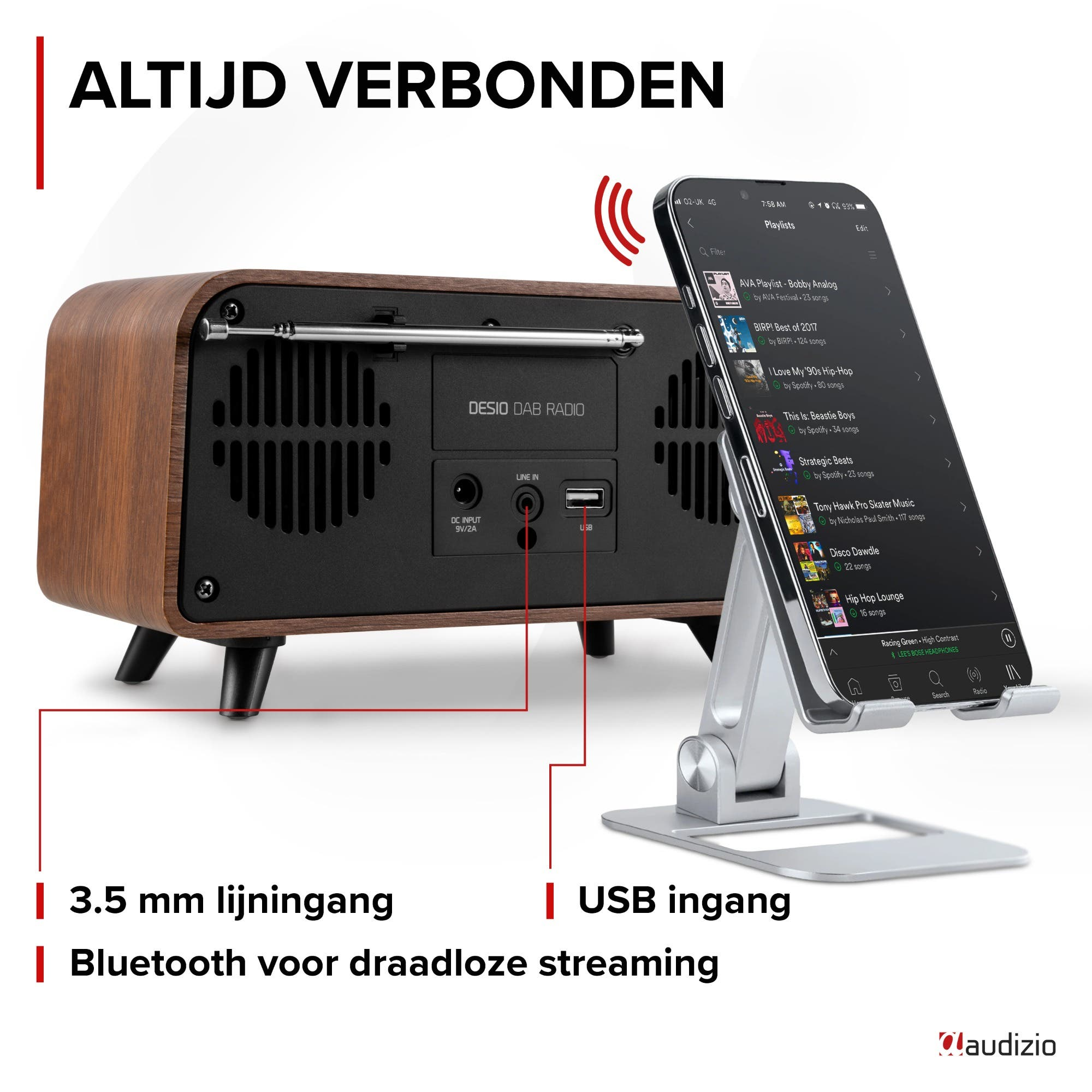 Ein Holzradio mit einem Smartphone, das Wiedergabelisten anzeigt. Anschlüsse sind sichtbar.