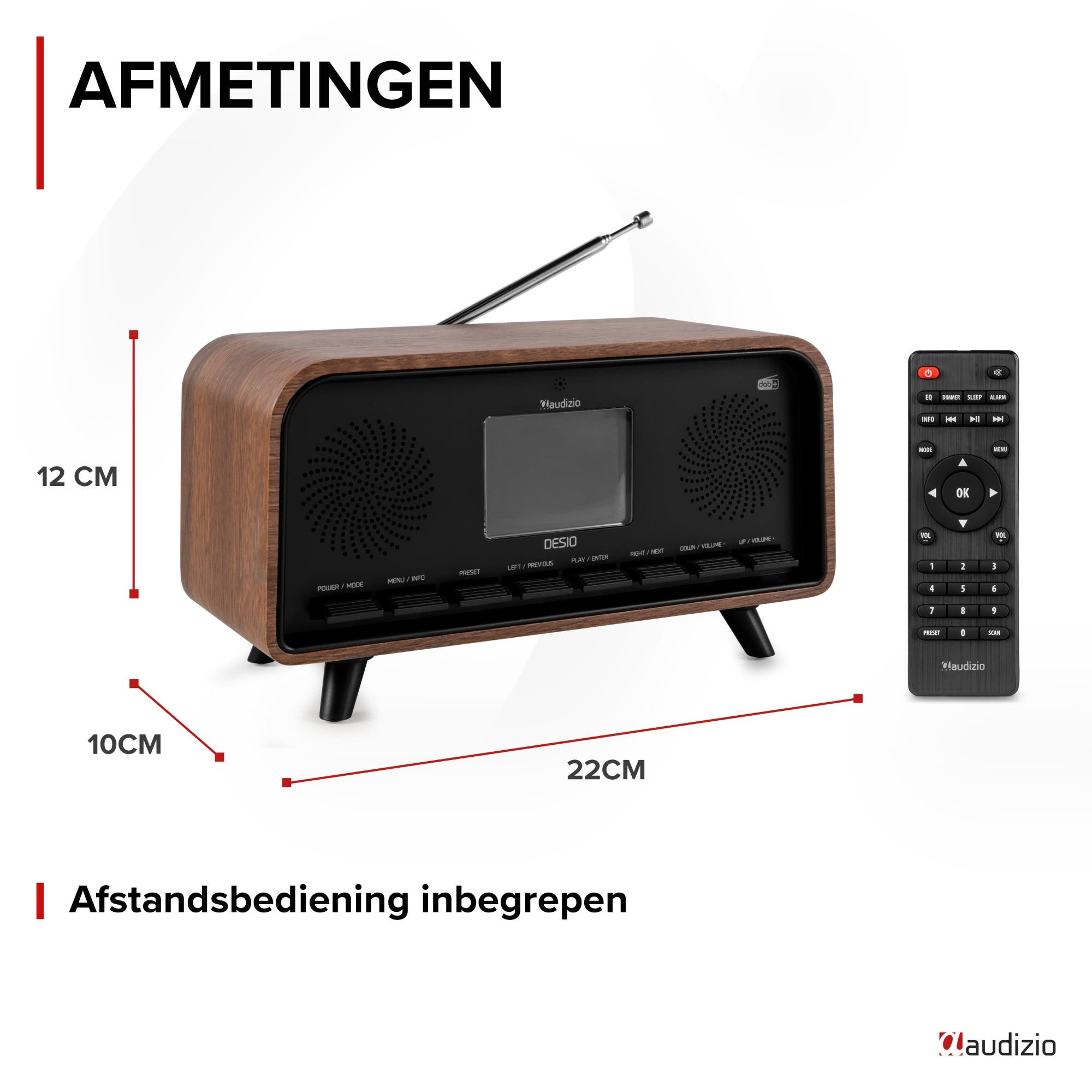 Ein Holzradio mit Fernbedienung, Maße 22x12x10cm.