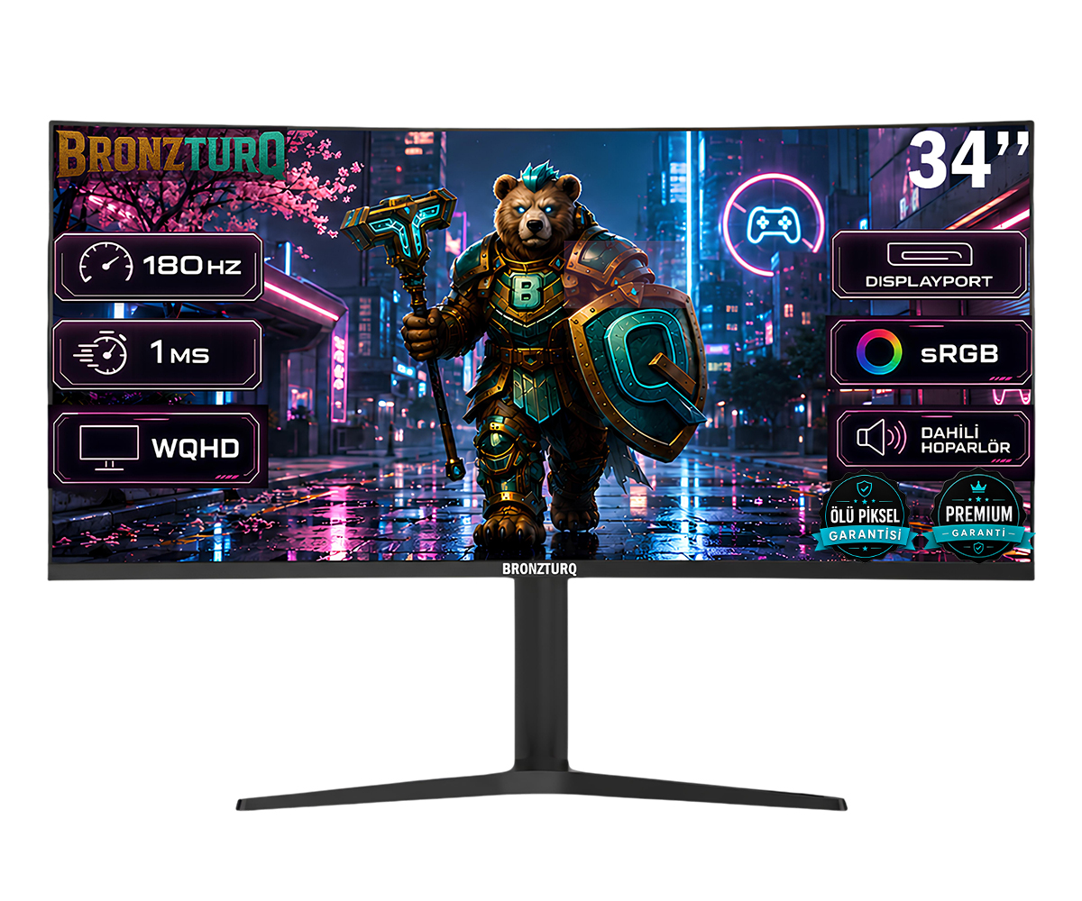Ayı savaşçılı, 180Hz, 1ms, WQHD ve DisplayPort özellikli 34 inç oyuncu monitörü.