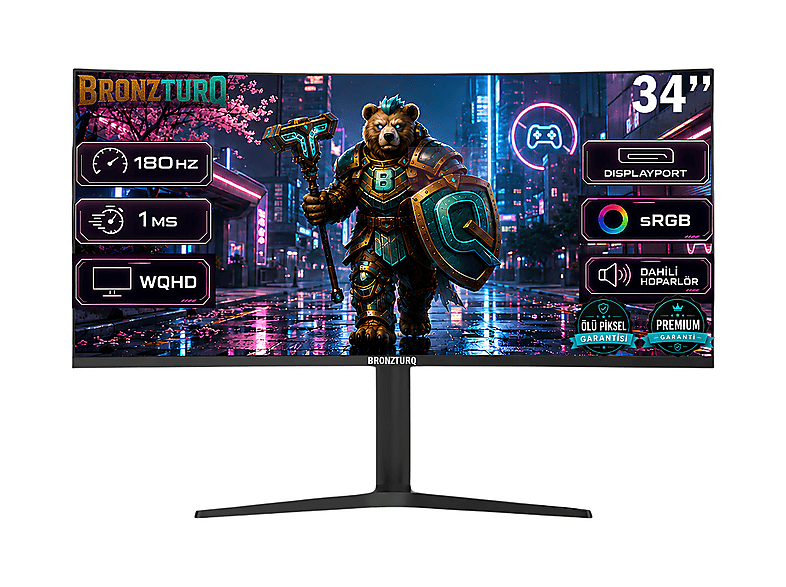 BRONZTURQ BTQ340WQHD-A DP + HDMI 3440x1440 Kavisli 34 inç WQHD 1 ms 180 Hz Monitör Siyah