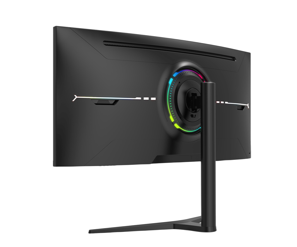 RGB aydınlatmalı ve ince stantlı siyah monitörün arkası.