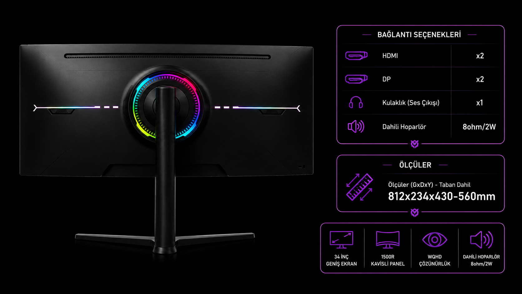RGB aydınlatmalı halkası ve bağlantı özellikleriyle siyah monitörün arkası.