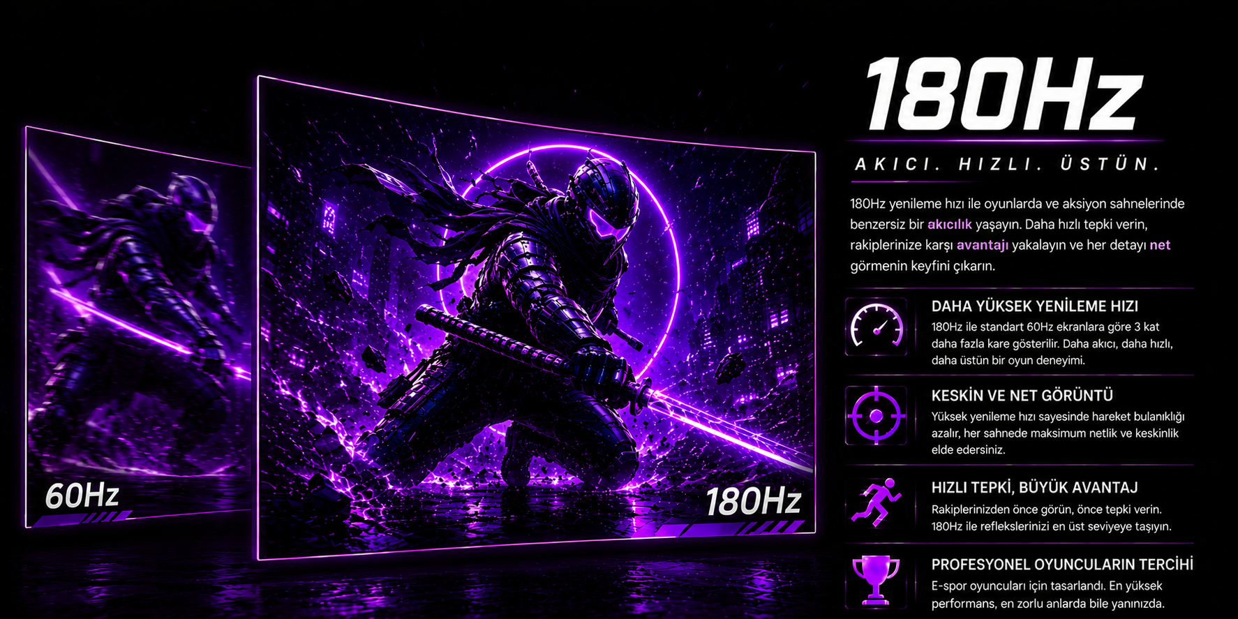 Mor kılıçlı bir ninja, mor şehir binalarıyla çevrili neon bir dairenin önünde duruyor.