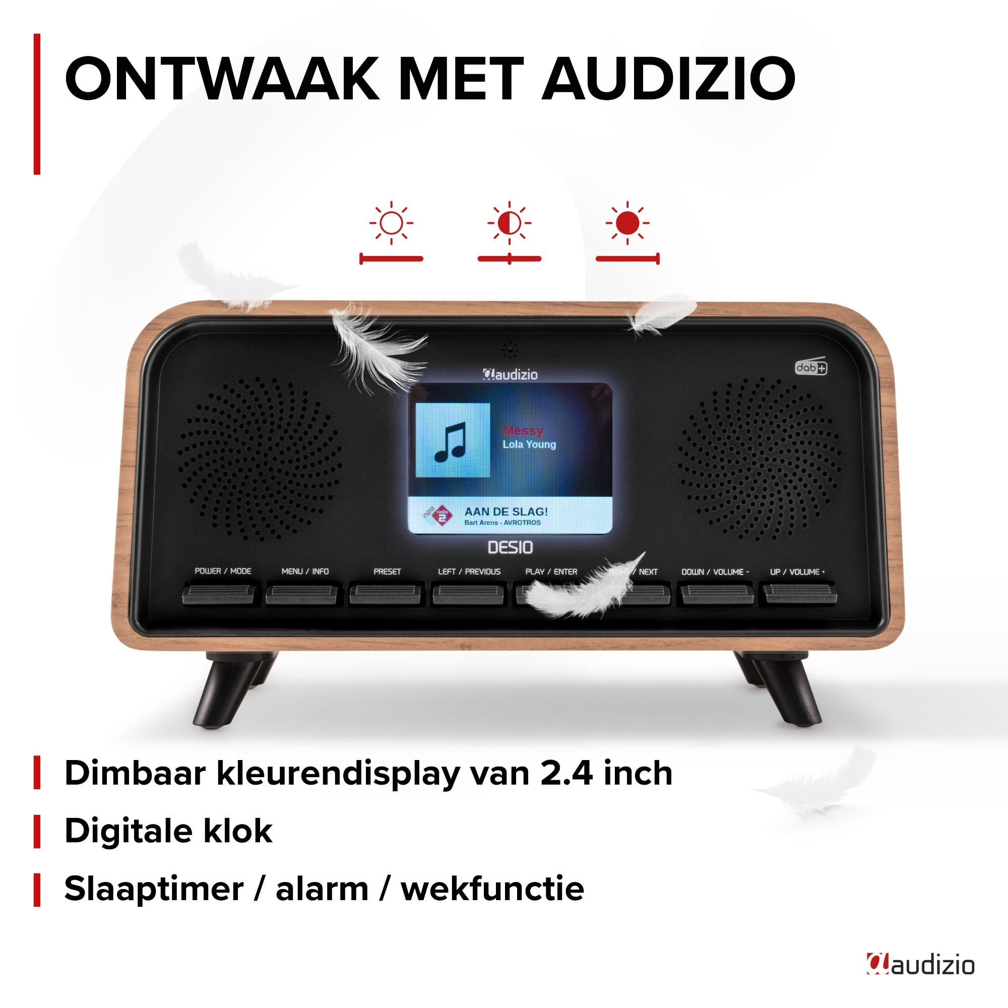 Audizio Radiowecker mit Holzrahmen, Farbdisplay und Tasten.