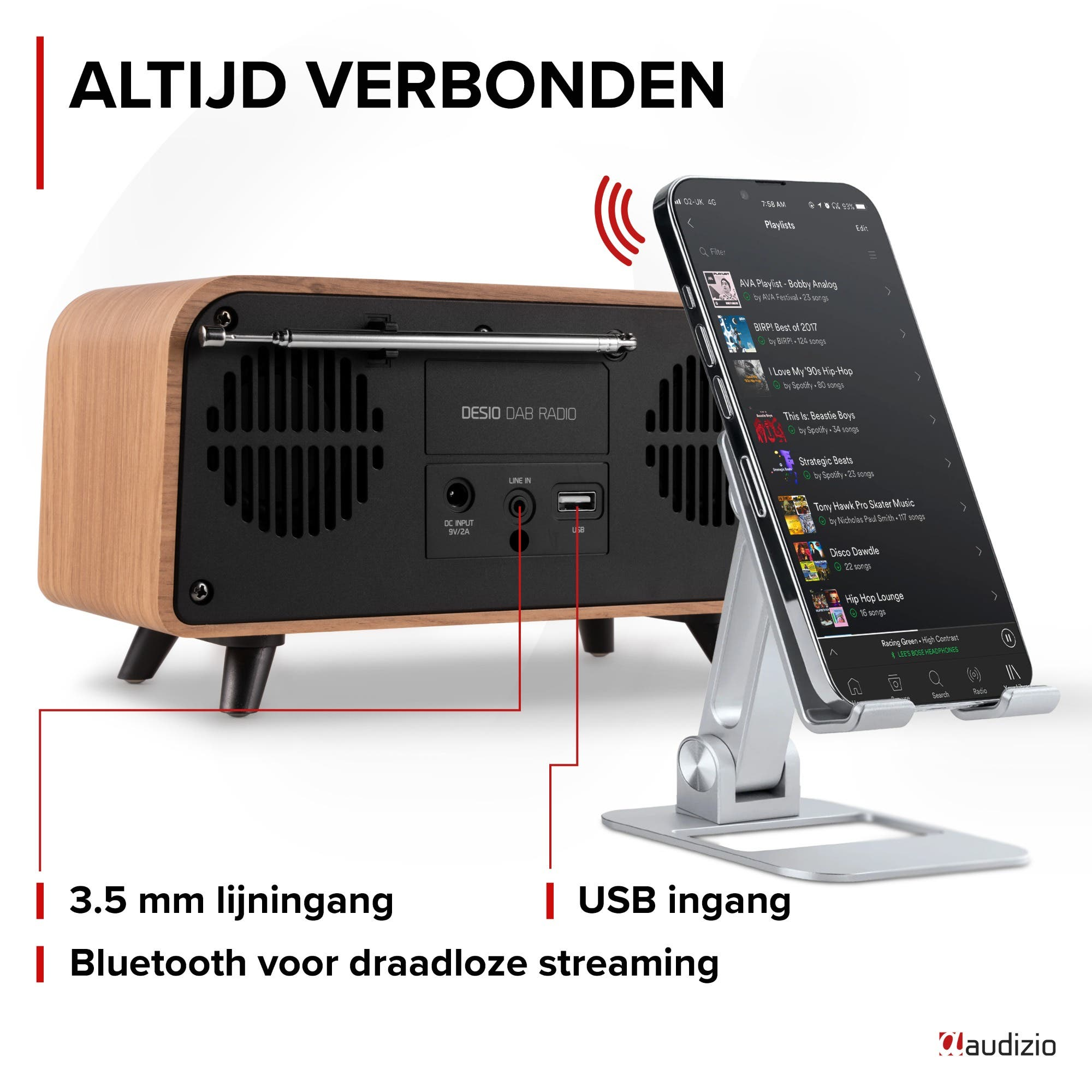 Holzradio mit Smartphone, das Musik abspielt. Anschlüsse: 3,5mm, USB.
