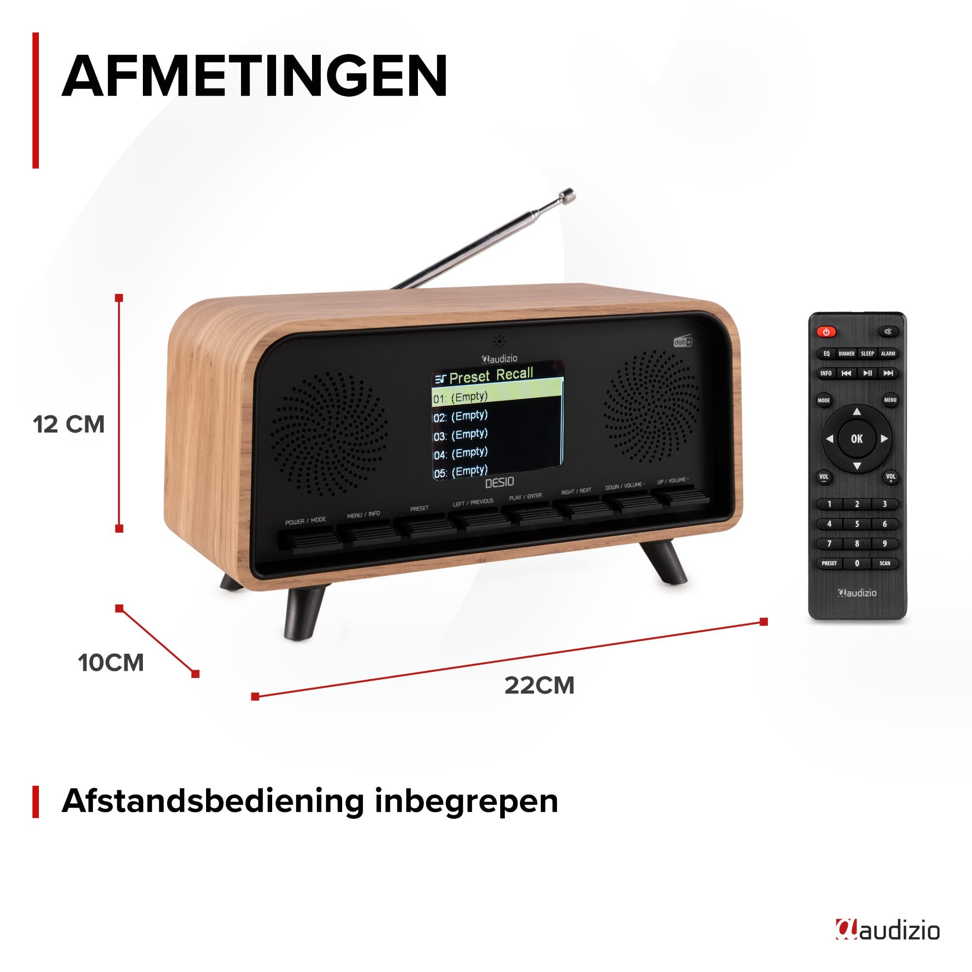 Holzradio mit Fernbedienung, Maße 12x22x10 cm.