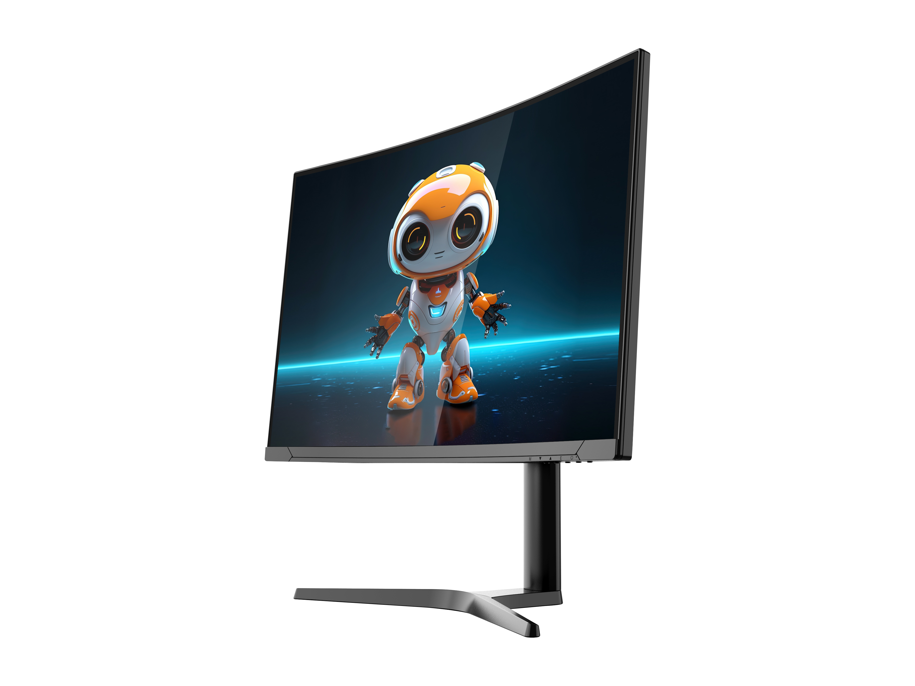 Kavisli bir monitör, mavi parlayan bir arka plana karşı sevimli turuncu ve beyaz bir robot gösteriyor.