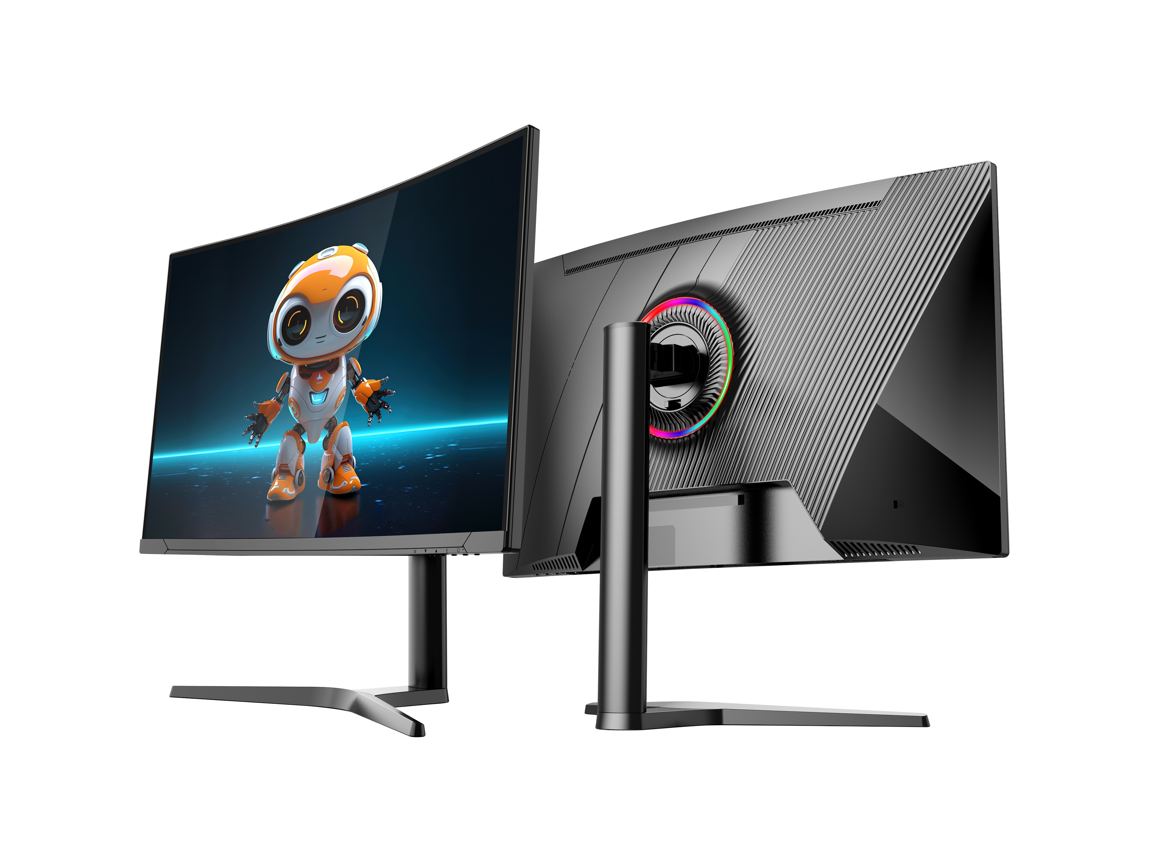 İki kavisli monitör, önde robot, arkada RGB logo. Beyaz arka plan.